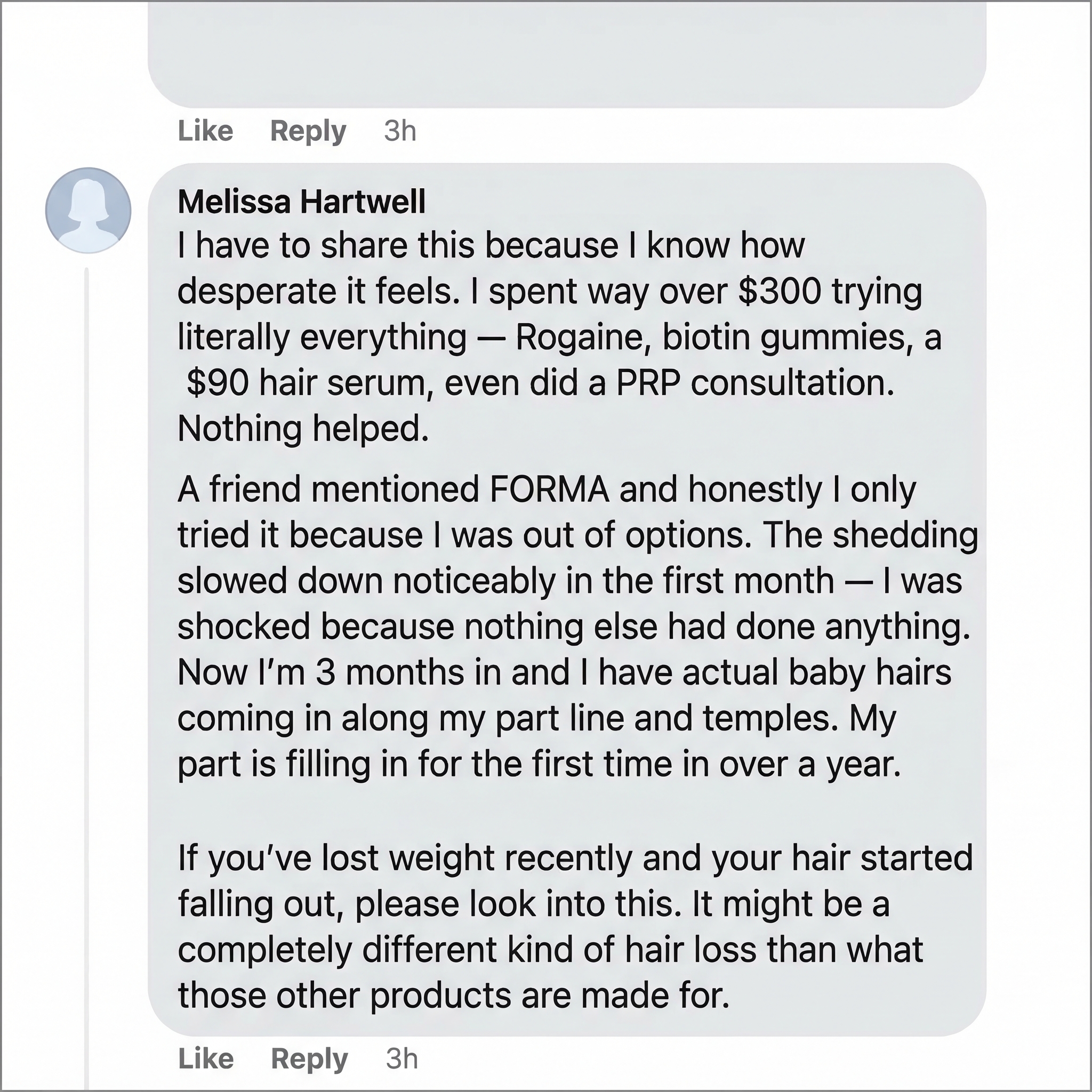 Customer review of FORMA on Facebook