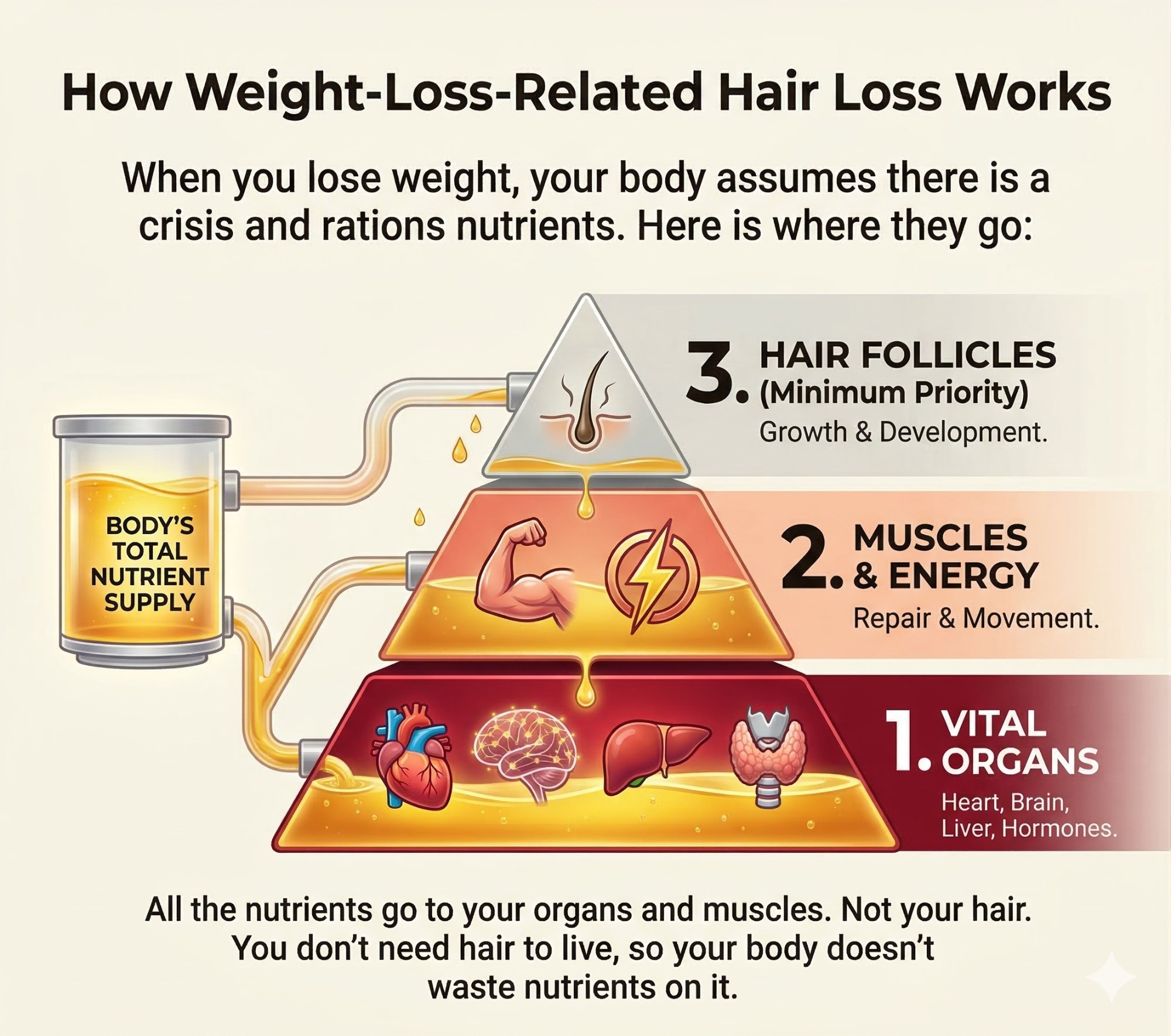 How weight-loss-related hair loss works — your body rations nutrients away from hair